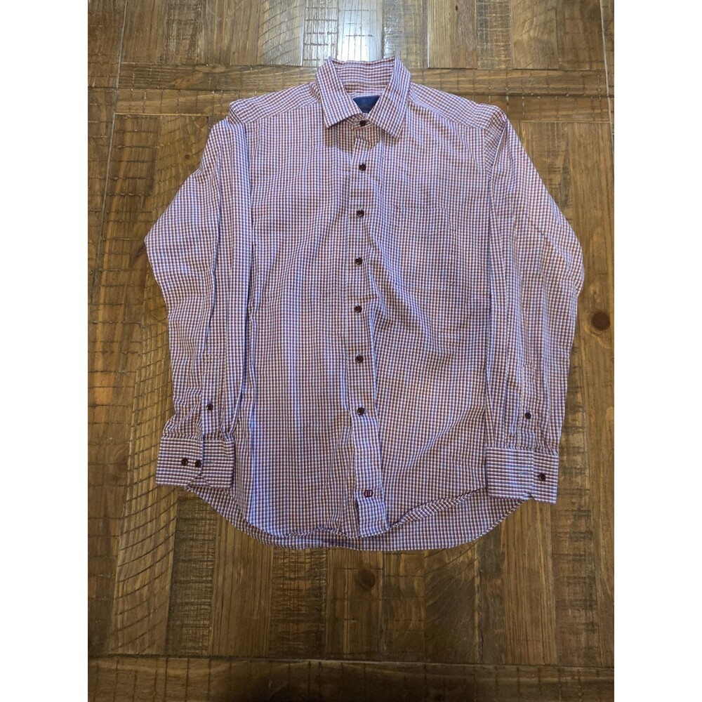 David Donahue Dress Shirt Mens Large Red Blue White  Plaid Button Up